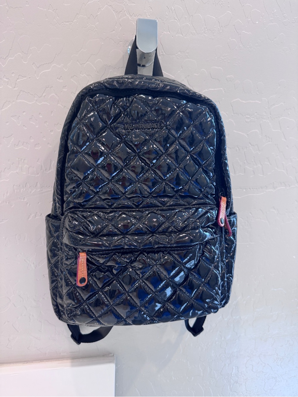 MZ Wallace Black Quilted Patent Backpack with Pink Zipper Pulls